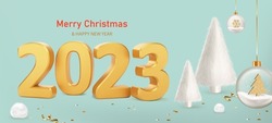 Happy New Year 2023. Numbers 2023 with fur balls and white fur Christmas trees on blue background. Trendy Xmas background with glass balls, glitter golden confetti. Realistic vector illustration