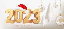 Happy New Year 2023. Numbers 2023 and white fur Christmas trees on beige background. Trendy Xmas background with glass balls, red Santa hat glitter golden confetti. Happy new year 2023 holiday.