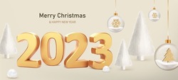 Happy New Year 2023. Numbers 2023 with fur balls and white fur Christmas trees on beige background. Trendy Xmas background with glass balls, glitter golden confetti. Realistic vector illustration