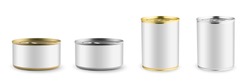 Set of mockups isolated. White blank tincan silver and gold metal Tin Can, canned Food. Ready for your design. Real product packing.