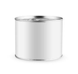 White blank tincan silver metal Tin Can with key, canned Food. Isolated with clipping path. Ready for your design. Real product packing. Mockup.