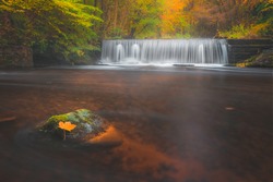 A beautiful, colourful Autumn woodland scene with waterfall, vibrant fall colours and a lone orange maple leaf on a surface rock at Gore Glen outside Edinburgh, Scotland.