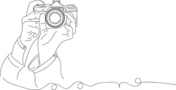 Camera logo, Photography logo, Outline sketch drawing of hand holding still camera, line art vector illustration of photography camera