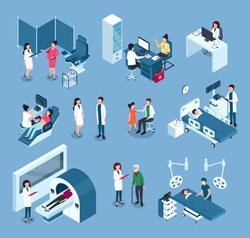 Isometric hospital workers. Doctors, surgeons with medical equipment. Doctor examining patient. Healthcare staff and patients vector set. Ultrasound checkup, mri diagnostic, consultation