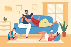 Family using smartphones and tablets, parents and kids with phones. Social media addiction, children use gadgets at home vector illustration. Father, mother and children with devices