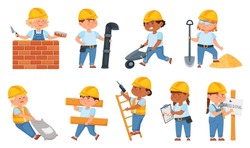 Cute little builders in uniform, kids with construction tools. Cartoon children characters in hard hat working at building site vector set. Illustration of construction uniform, helmet and worker