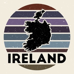 Ireland logo. Sign with the map of country and colored stripes, vector illustration. Can be used as insignia, logotype, label, sticker or badge of the Ireland.