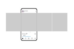 The mockup of the mobile application on the screen of a realistic smartphone. Phone with carousel interface post on social network. Vector illustration. 