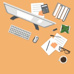 Concept coronavirus COVID-19. The company allows employees to work from home to avoid viruses.Top view with table, flowerpot, computer, calculator, diary and coffee mug. Stock vector illustration