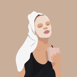 Fabric face mask, cosmetic skin care. Cute young woman holding coffee in her hand.Everyday personal care, skincare daily routine, hygienic procedure. Flat cartoon colorful vector illustration.