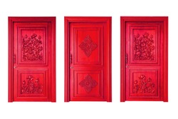 Set of Thai wooden doors isolated on white background.