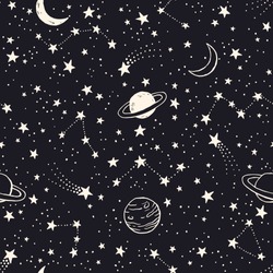 Vector space seamless pattern with planets, comets, constellations and stars. Night sky hand drawn doodle astronomical background 