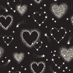 Vector romantic space seamless pattern with heart shape constellations, comets and stars. Night sky love background 
