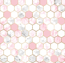 Vector seamless geometric pattern with gold foil lines, pink and gray marble polygons. Modern hexagon tile abstract texture on white background 