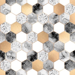Vector seamless geometric pattern with gold foil, gray marble and watercolor polygons. Modern hexagon tile abstract background 
