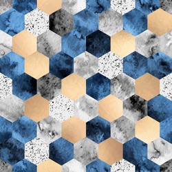 Vector seamless geometric pattern with gold foil, gray marble and deep blue watercolor polygons. Modern hexagon tile abstract background 