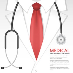 Vector illustration with white doctor uniform and stethoscope. Medical and healthcare background