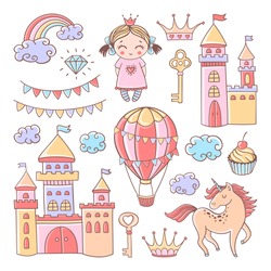 Vector fairytale set with castles, hot air balloon, princess, unicorn, rainbow and crowns. Magic colorful collection 
