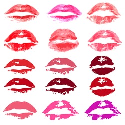 Set of different lipstick. Design elements of shape of lips in several variants and colors isolated on white. Quality trace of real lipstick texture. Vector illustration