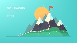 Flag on the mountain peak. Business concept, goal achievement, success, winning. Flat style, vector illustration.