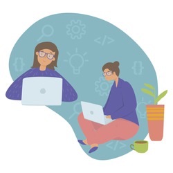 Girl in STEM flat vector illustration. E-learning, Girls in exact sciences, gender equality and stereotypes, Stem education concept. Girl programmer with a laptop, writing code, developing software