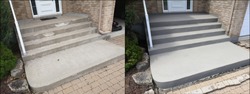 Before and after image example of different steps to properly prepare and resurface an old chipped concrete staircase to a renewed finish.