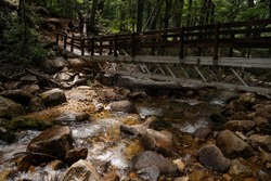 Hiking in the woods. View of the wooden bridge over the fresh water stream with a rocky river bed flowing across the forest.