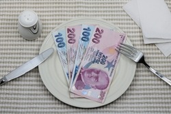 Money spent on food concept.Turkish liras on a plate. Food expenses, expensive meals or eating money concept.