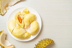 Durian riped and fresh ,durian peel on white plate
