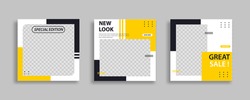 Set of Editable minimal square banner template. Black yellow white background color with geometric shapes for social media post and web internet ads. Vector illustration 