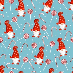 Christmas texture with gnomes and red candies. Vector illustration of Merry Christmas and Happy New Year. Seamless pattern. Winter holiday. Scandinavian nordic gnome, cute Santa gnome elf
