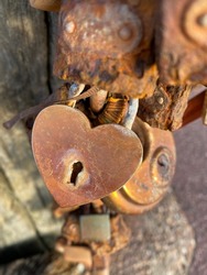 Rusted love locks on a chain and wooden post by the ocean