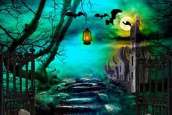 Halloween background. Spooky forest with flying bats in the night.