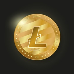 Golden litecoin. Cryptocurrency vector illustration. Realistic coin with glow on black background. Cryptocurrency LTC. Digital currency illustration.