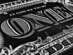 American paper money. 1 US dollar banknote. Word one closeup. Dark inverted background. Black and white illustration. USA economy and business. Fed and public debt. Macro
