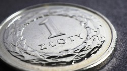 Translation: 1 zloty. Fragment of Polish one zloty coin closeup. National currency of Poland. Illustration for news about banking or finance. Loan and credit. Wages and benefits. Macro