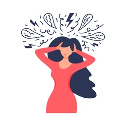 Frustrated woman with nervous problem feel anxiety and confusion of thoughts. Mental disorder and chaos in consciousness. Girl with anxiety touch head surrounded by think. Mental chaos, frustration