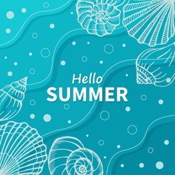 Bright summer card. Beautiful summer poster with seashells and hand written text. Summer holidays cards. Vector illustration.
