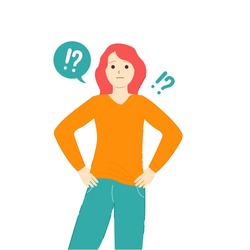 Thinking people confuse vector illustration set. Cartoon young thoughtful female character standing with question exclamation marks, puzzled confused gesture of guy and girl isolated on white.