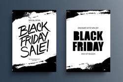Black Friday promotional posters with black brush strokes for commercial events, discounts, black friday shopping, sale promotion and advertising. Black and white. Vector illustration. 