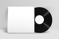 Mockup of front view standing blank vinyl record with cover against white wall