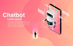 Man chatting with chatbot application. Dialog help service. AI and business IOT concept. Vector illustration