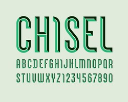 Alphabet from chiseled block, green font, beveled letters (A, B, C, D, E, F, G, H, I, J, K, L, M, N, O, P, Q, R, S, T, U, V, W, X, Y, Z) and numerals (0, 1, 2, 3, 4, 5, 6, 7, 8, 9), vector 10EPS