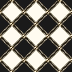 Checkered vintage black and white pattern with gold realistic chains, beads. Vector seamless background.