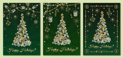 Set of greeting cards with cash money. Christmas tree made of 100 dollar banknotes, coins. Garland of jewelry gold chains with dollar rolls. Shiny snowflakes, stars, sparkles on green background