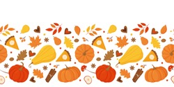 Autumn seamless border with pumpkins, apples, pears, autumn leaves, pumpkin pie, cookies on a white background.