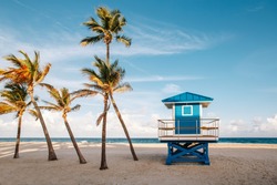 Beautiful tropical Florida landscape with palm trees and blue lifeguard house. Typical American beach ocean scenic view with lifeguard tower and exotic plants. Summer seasonal wallpaper background.