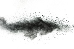 Launched black dust isolated on white background. Black powder splash on white background.