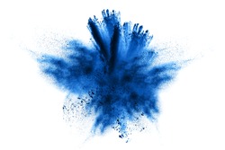 Abstract blue powder explosion on white background. Closeup of  blue dust particles splash isolated on  clear background.