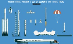 Set of elements for space subject. modern space program. rocket, launch vehicle, satellite, launch pad, payload. Flight stages in space. Landing of a rocket on the platform in the ocean.